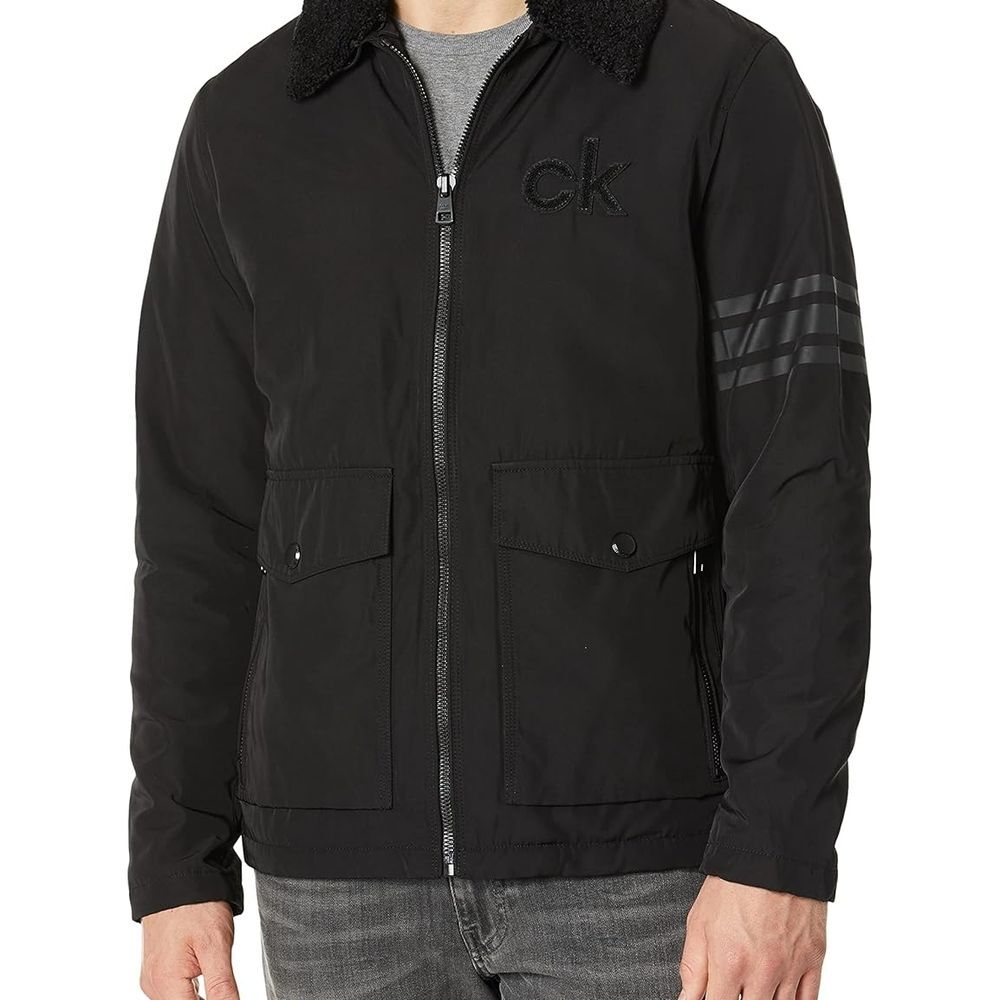 CALVIN KLEIN Black Varsity Jacket with sherpa collar MEDIUM Preppy